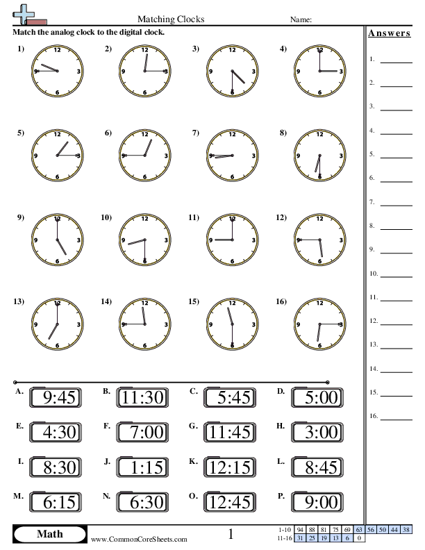 Matching Clocks (15 minute increments) worksheet